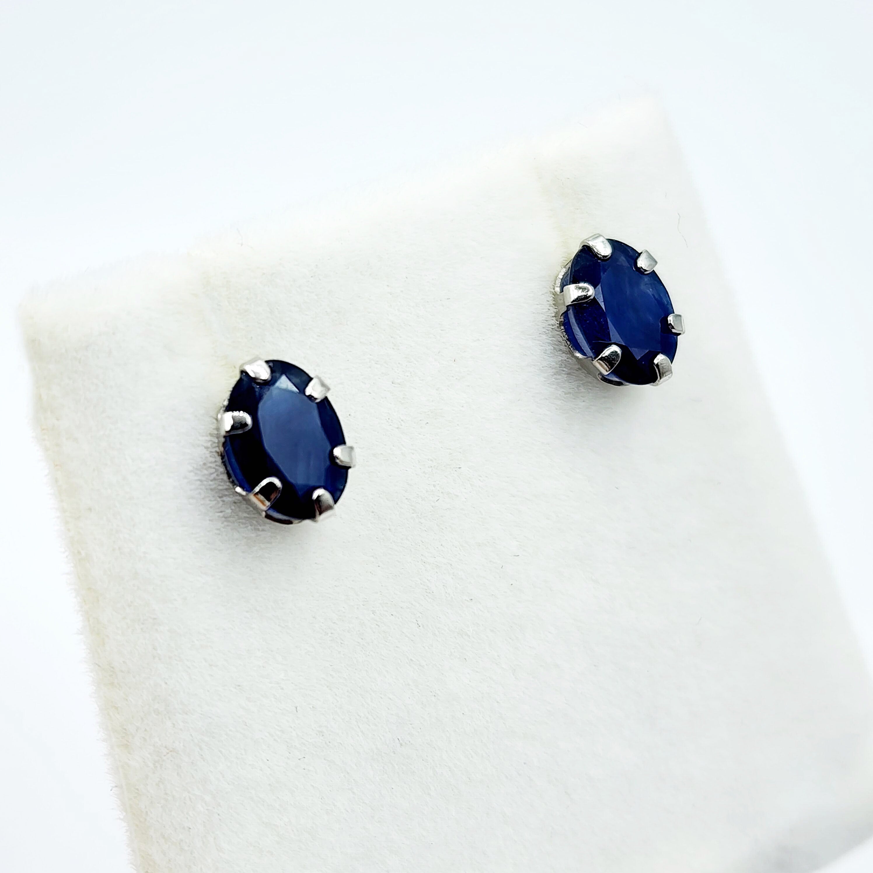 Blue Sapphire Earrings | 10K White Gold Natural Blue Sapphire 7x5mm Stud Earrings