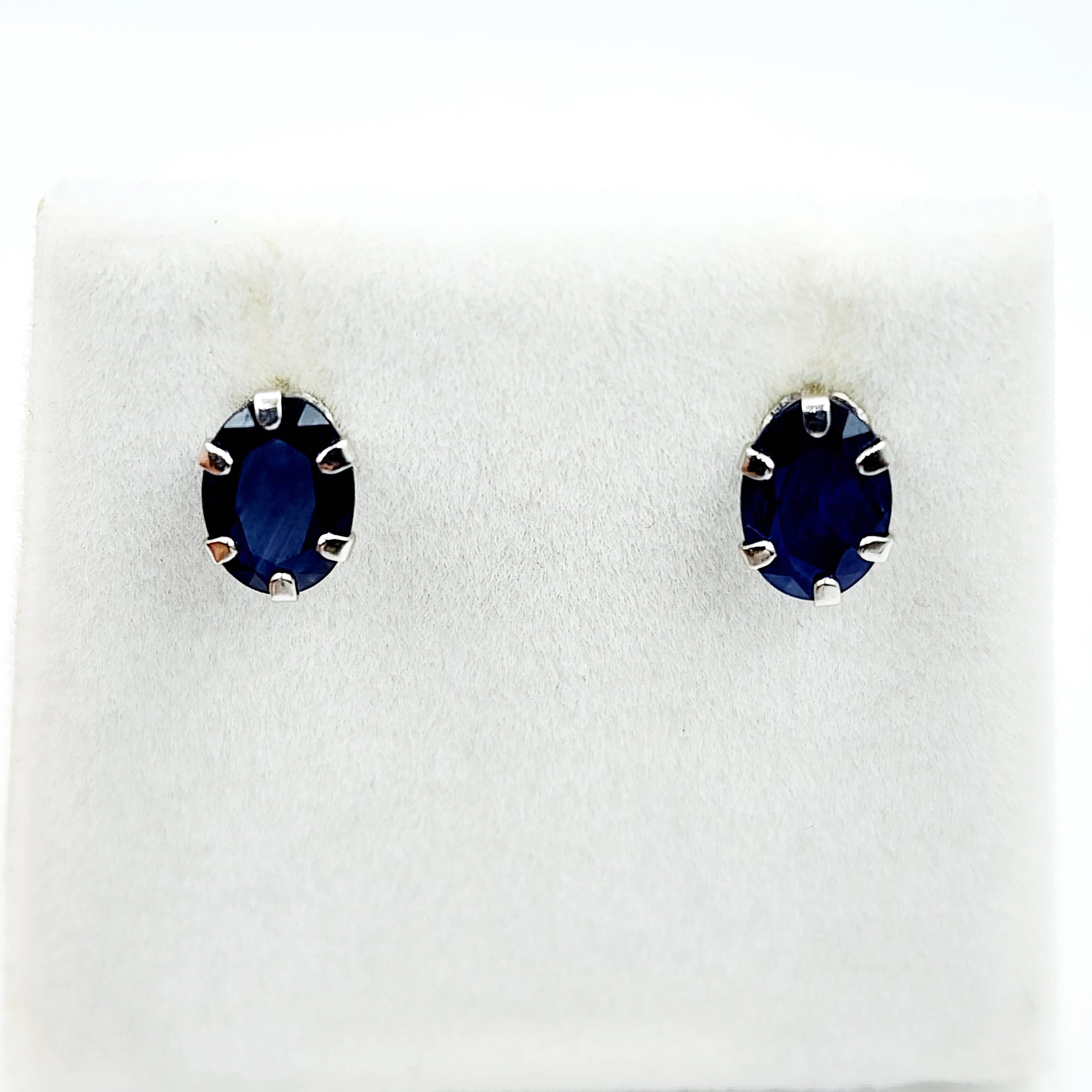 Blue Sapphire Earrings | 10K White Gold Natural Blue Sapphire 7x5mm Stud Earrings