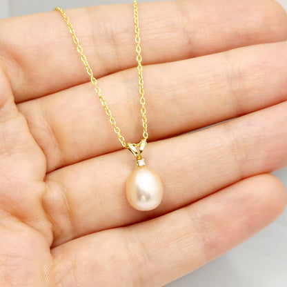 Natural Pearl Pendant Necklace, 14K Yellow Gold Pink Freshwater Pearl 9x8mm with Diamond Pendant, June Birthstone, Genuine Pearl Pendant