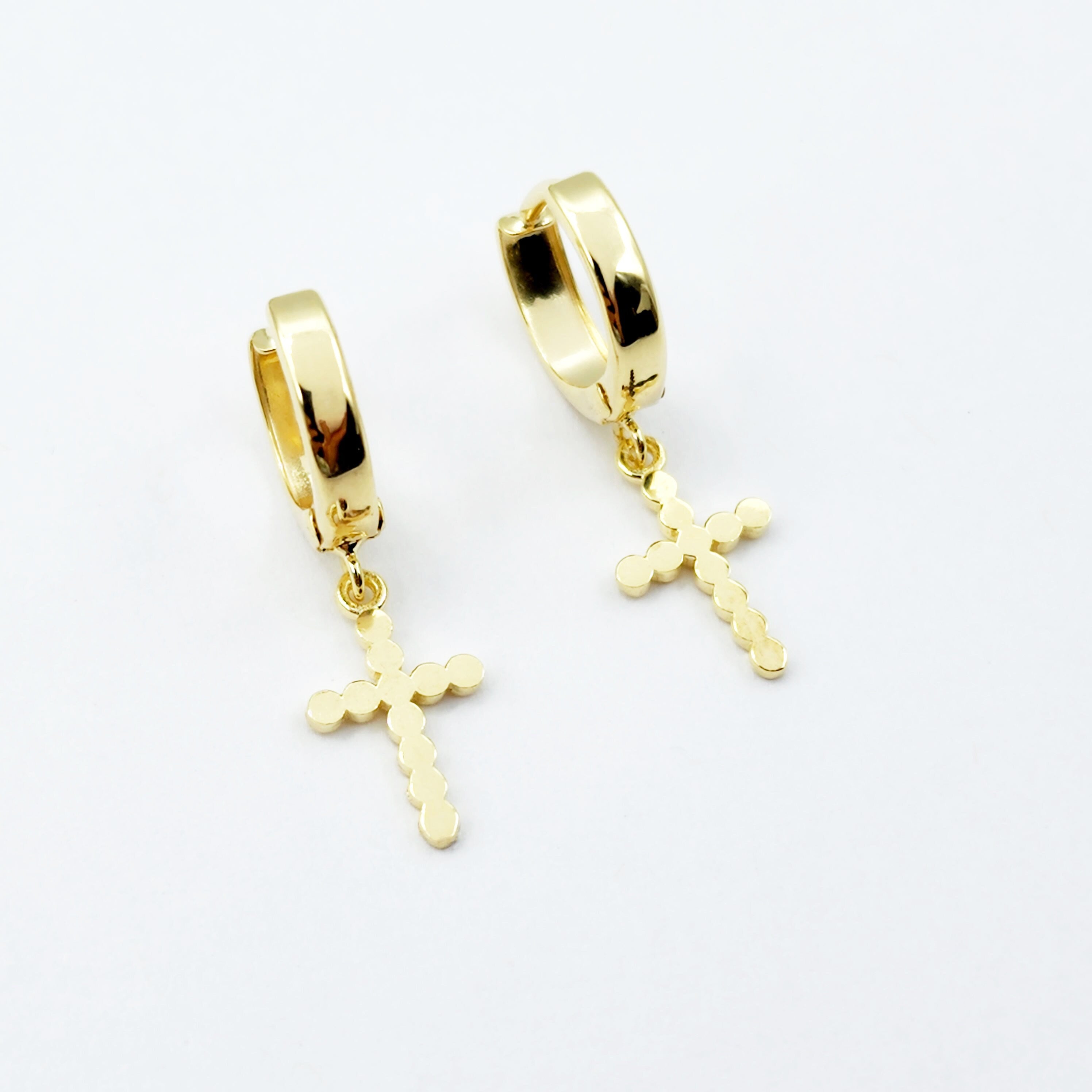 Gold Cross Charm Dangle Earrings | 10K Gold Cross Hoop Earrings | Small Gold Earrings for her | Gift for her | Dangle Earrings for Women