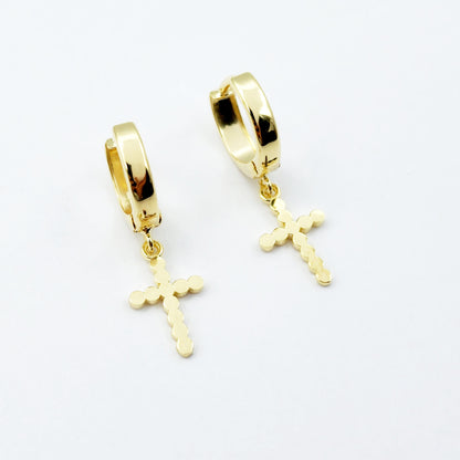 Gold Cross Charm Dangle Earrings | 10K Gold Cross Hoop Earrings | Small Gold Earrings for her | Gift for her | Dangle Earrings for Women