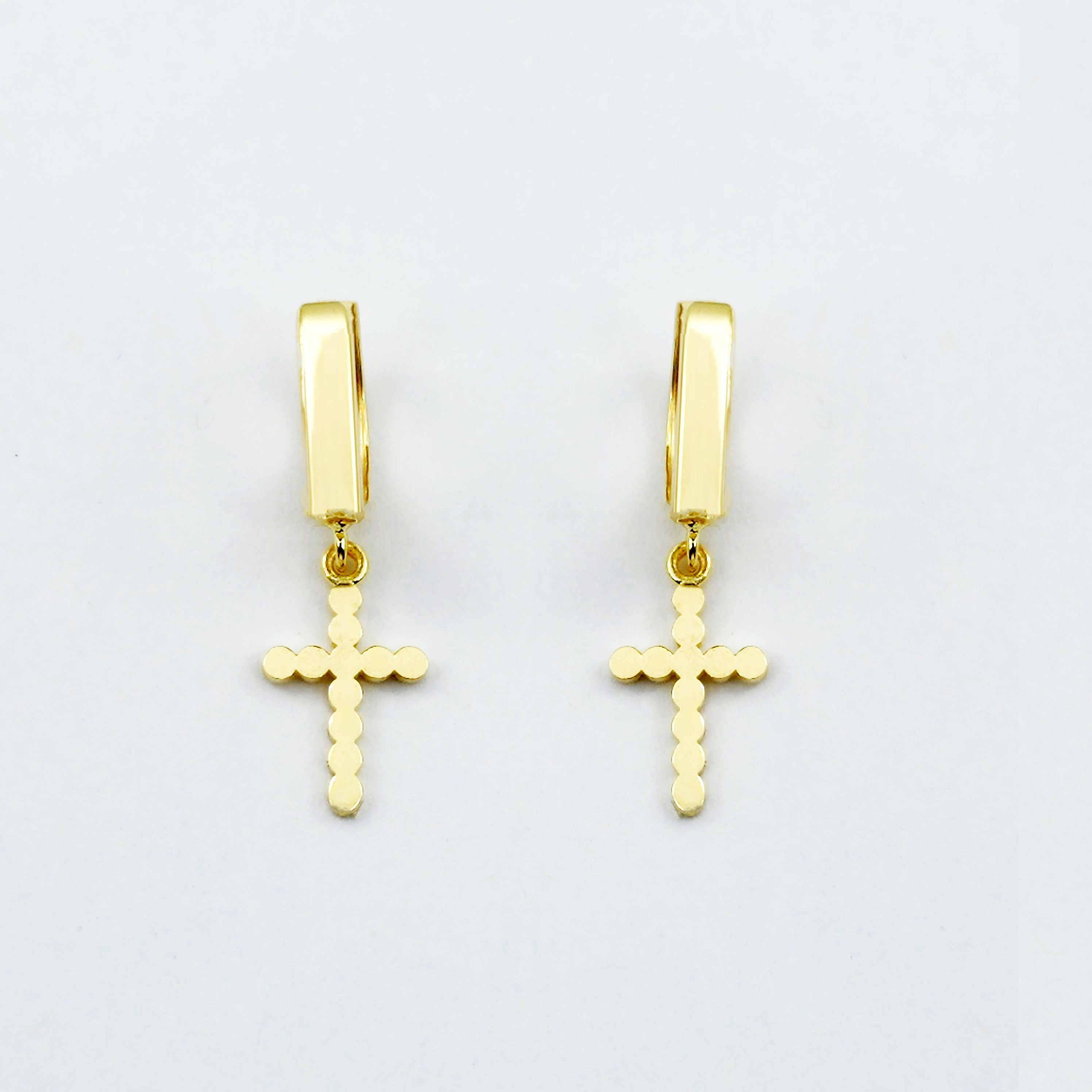 Gold Cross Charm Dangle Earrings | 10K Gold Cross Hoop Earrings | Small Gold Earrings for her | Gift for her | Dangle Earrings for Women