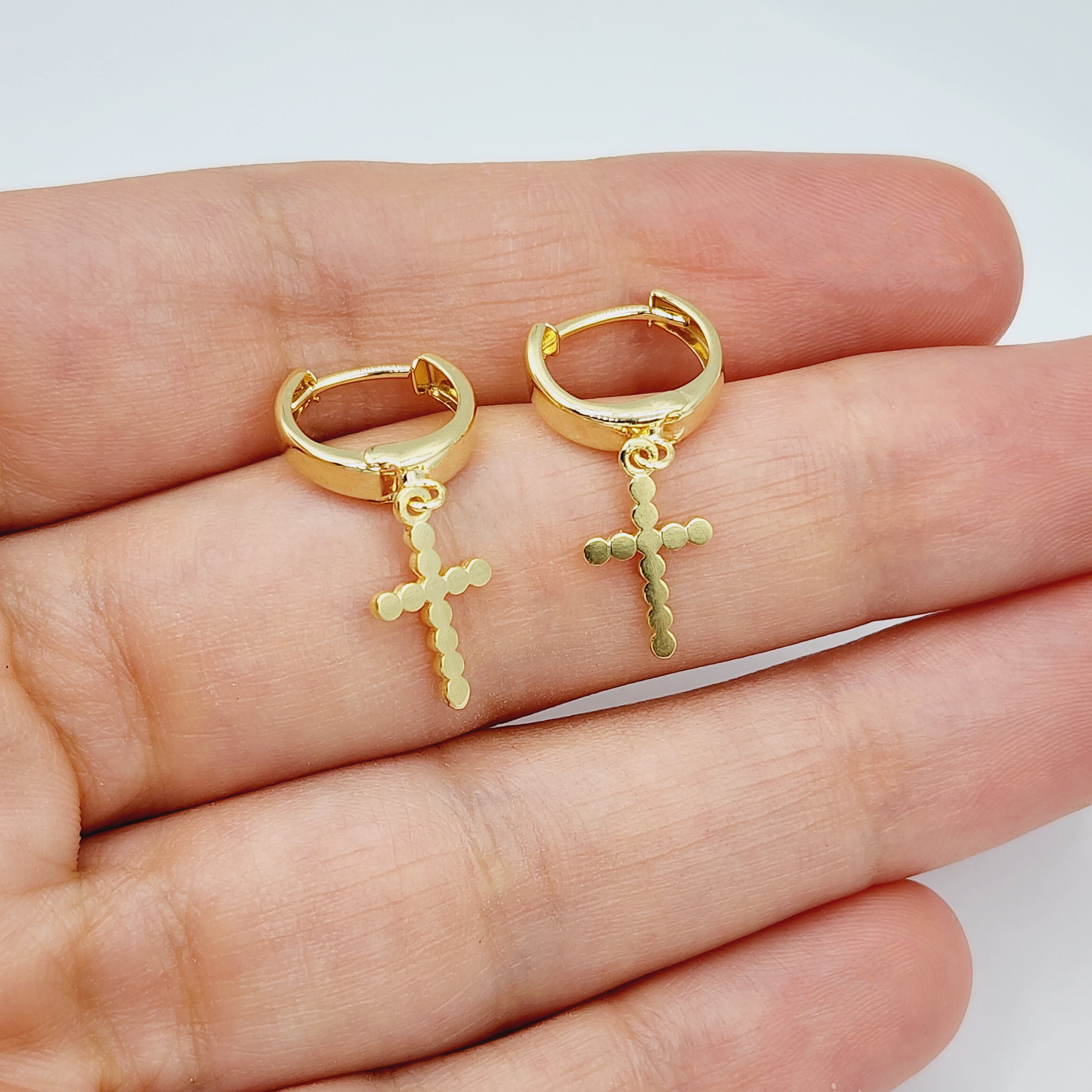 Gold Cross Charm Dangle Earrings | 10K Gold Cross Hoop Earrings | Small Gold Earrings for her | Gift for her | Dangle Earrings for Women