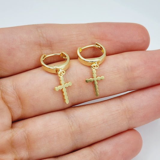 Gold Cross Charm Dangle Earrings | 10K Gold Cross Hoop Earrings | Small Gold Earrings for her | Gift for her | Dangle Earrings for Women