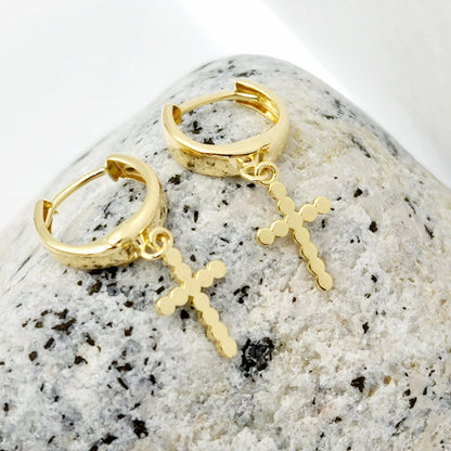 Gold Cross Charm Dangle Earrings | 10K Gold Cross Hoop Earrings | Small Gold Earrings for her | Gift for her | Dangle Earrings for Women