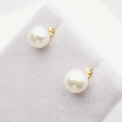 Gold Pearl Stud Earrings, 14K Yellow Gold Cultured Pearl 6mm with Diamond Earrings, June Birthstone, Handmade Earrings, Earrings  For Wedding