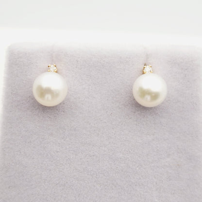 Gold Pearl Stud Earrings, 14K Yellow Gold Cultured Pearl 6mm with Diamond Earrings, June Birthstone, Handmade Earrings, Earrings  For Wedding