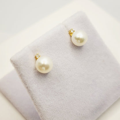 Gold Pearl Stud Earrings, 14K Yellow Gold Cultured Pearl 6mm with Diamond Earrings, June Birthstone, Handmade Earrings, Earrings  For Wedding