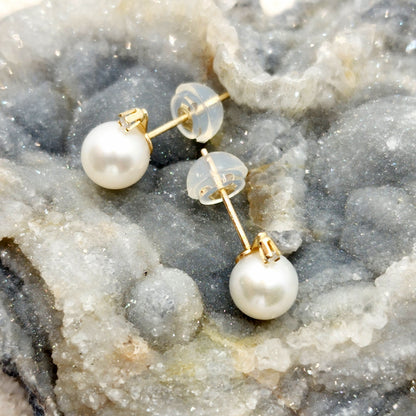 Gold Pearl Stud Earrings, 14K Yellow Gold Cultured Pearl 6mm with Diamond Earrings, June Birthstone, Handmade Earrings, Earrings  For Wedding