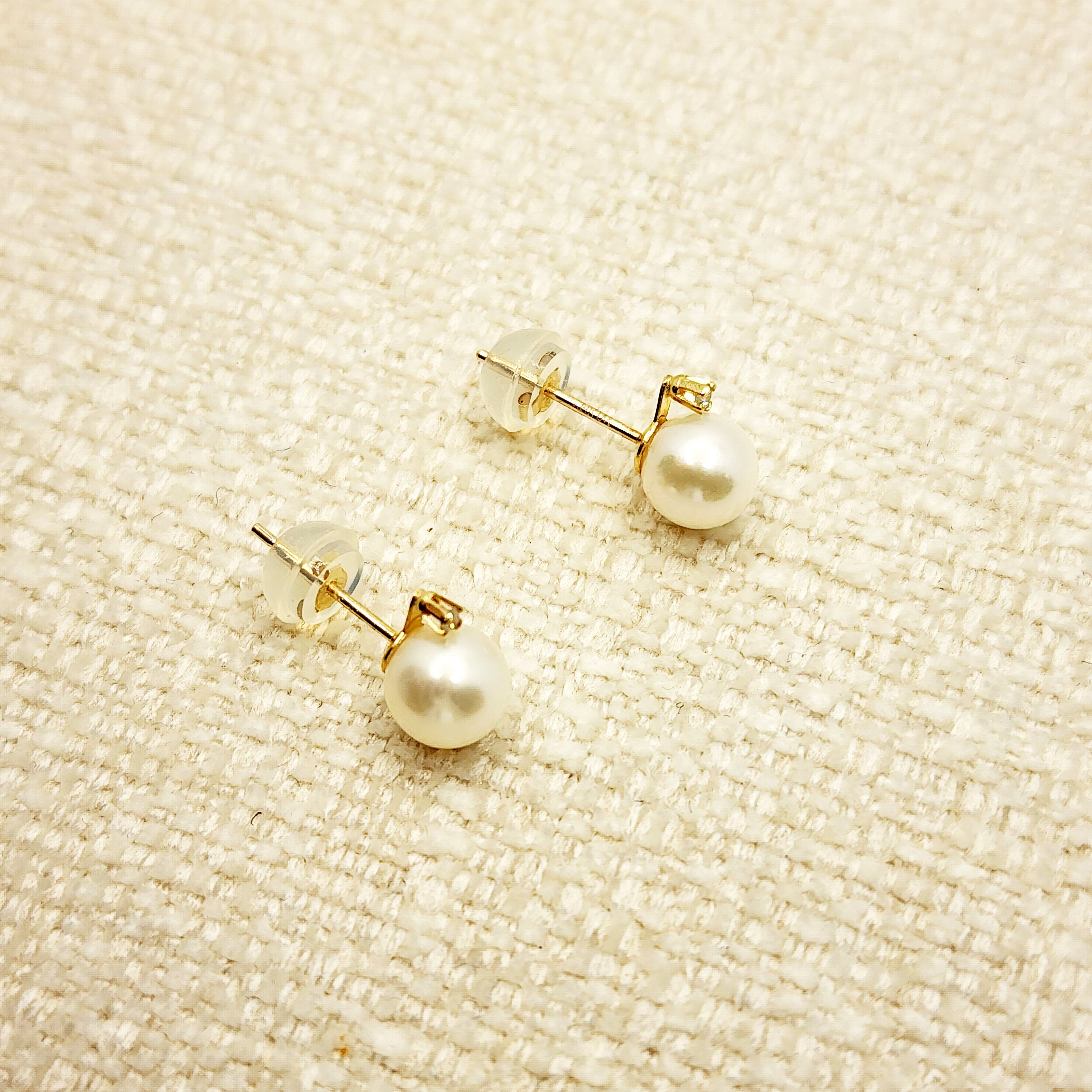 14K Yellow Gold Cultured Pearl Diamond Stud Earrings, Handmade, Bridesmaid Gift