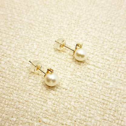 14K Yellow Gold Cultured Pearl Diamond Stud Earrings, Handmade, Bridesmaid Gift