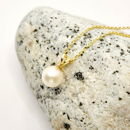 14K Gold Pearl Pendant Necklace, June Birthstone Cultured Pearl 6mm and Diamond Pendant, Dainty Minimalist Classic Necklace Gift for Her
