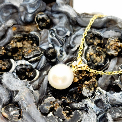 14K Gold Pearl Pendant Necklace, June Birthstone Cultured Pearl 6mm and Diamond Pendant, Dainty Minimalist Classic Necklace Gift for Her