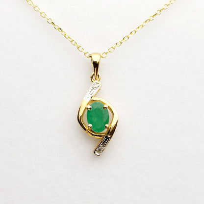 Gold Emerald Pendant Necklace, 10K Yellow Gold Natural Emerald 7x5mm with Diamond Pendant, May Birthstone, Emerald Jewelry, Necklace For Her
