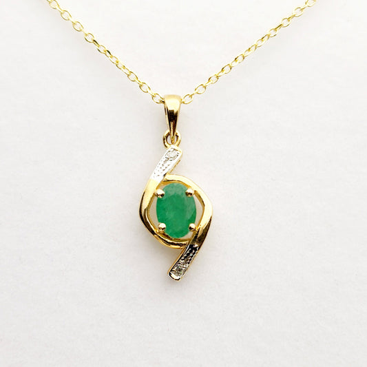 Gold Emerald Pendant Necklace, 10K Yellow Gold Natural Emerald 7x5mm with Diamond Pendant, May Birthstone, Emerald Jewelry, Necklace For Her