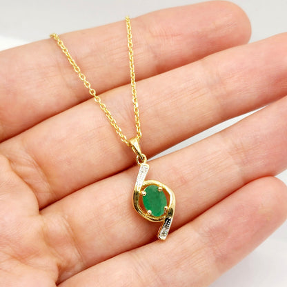 Gold Emerald Pendant Necklace, 10K Yellow Gold Natural Emerald 7x5mm with Diamond Pendant, May Birthstone, Emerald Jewelry, Necklace For Her