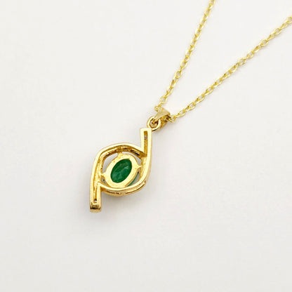 Gold Emerald Pendant Necklace, 10K Yellow Gold Natural Emerald 7x5mm with Diamond Pendant, May Birthstone, Emerald Jewelry, Necklace For Her