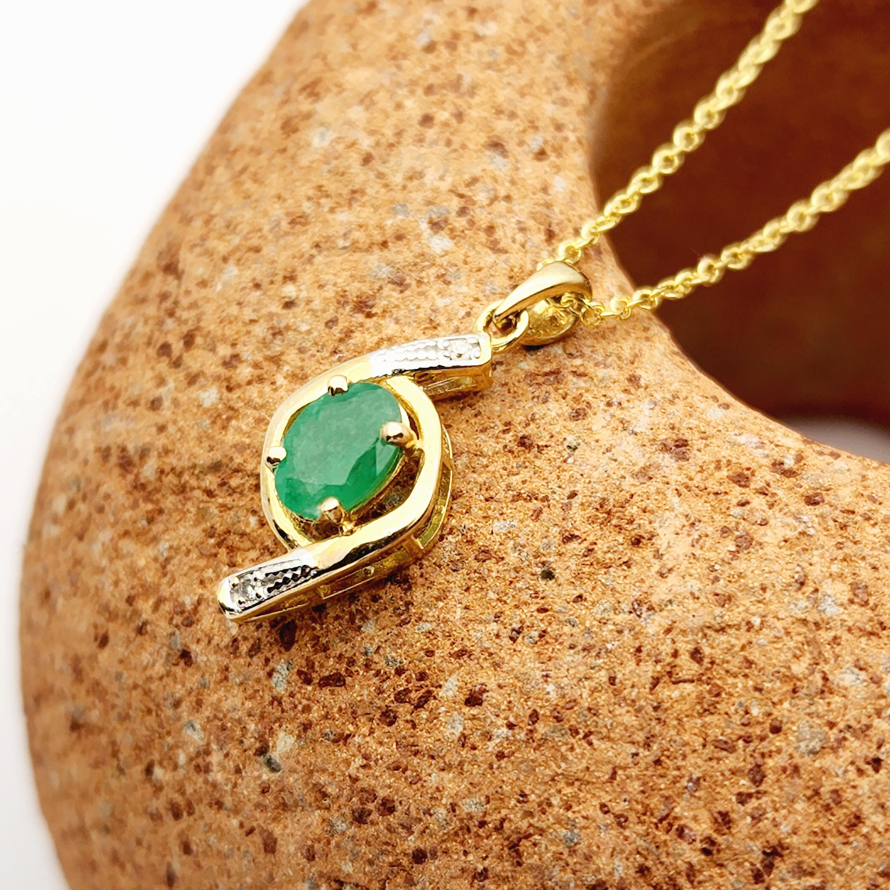 Gold Emerald Pendant Necklace, 10K Yellow Gold Natural Emerald 7x5mm with Diamond Pendant, May Birthstone, Emerald Jewelry, Necklace For Her