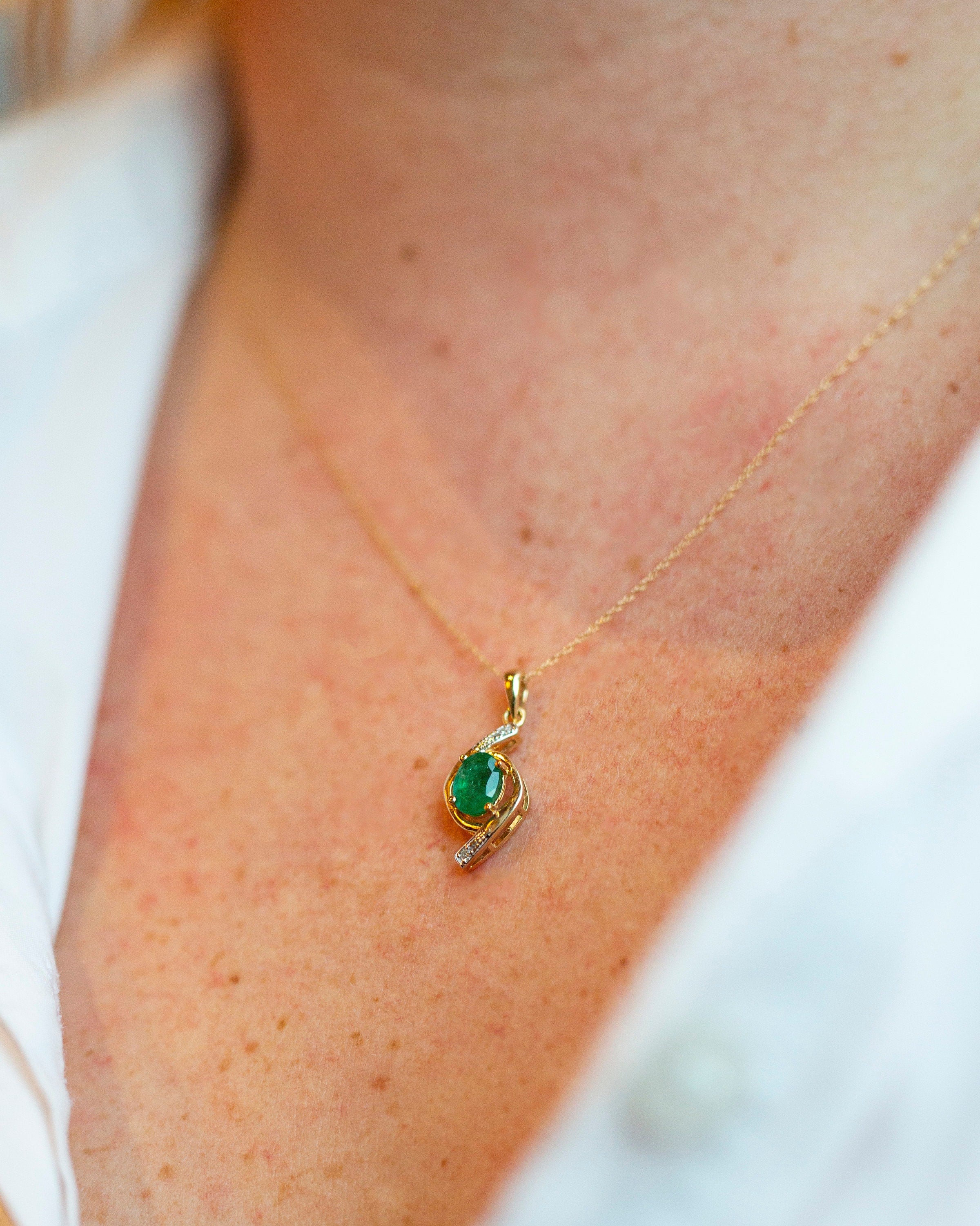 Gold Emerald Pendant Necklace, 10K Yellow Gold Natural Emerald 7x5mm with Diamond Pendant, May Birthstone, Emerald Jewelry, Necklace For Her