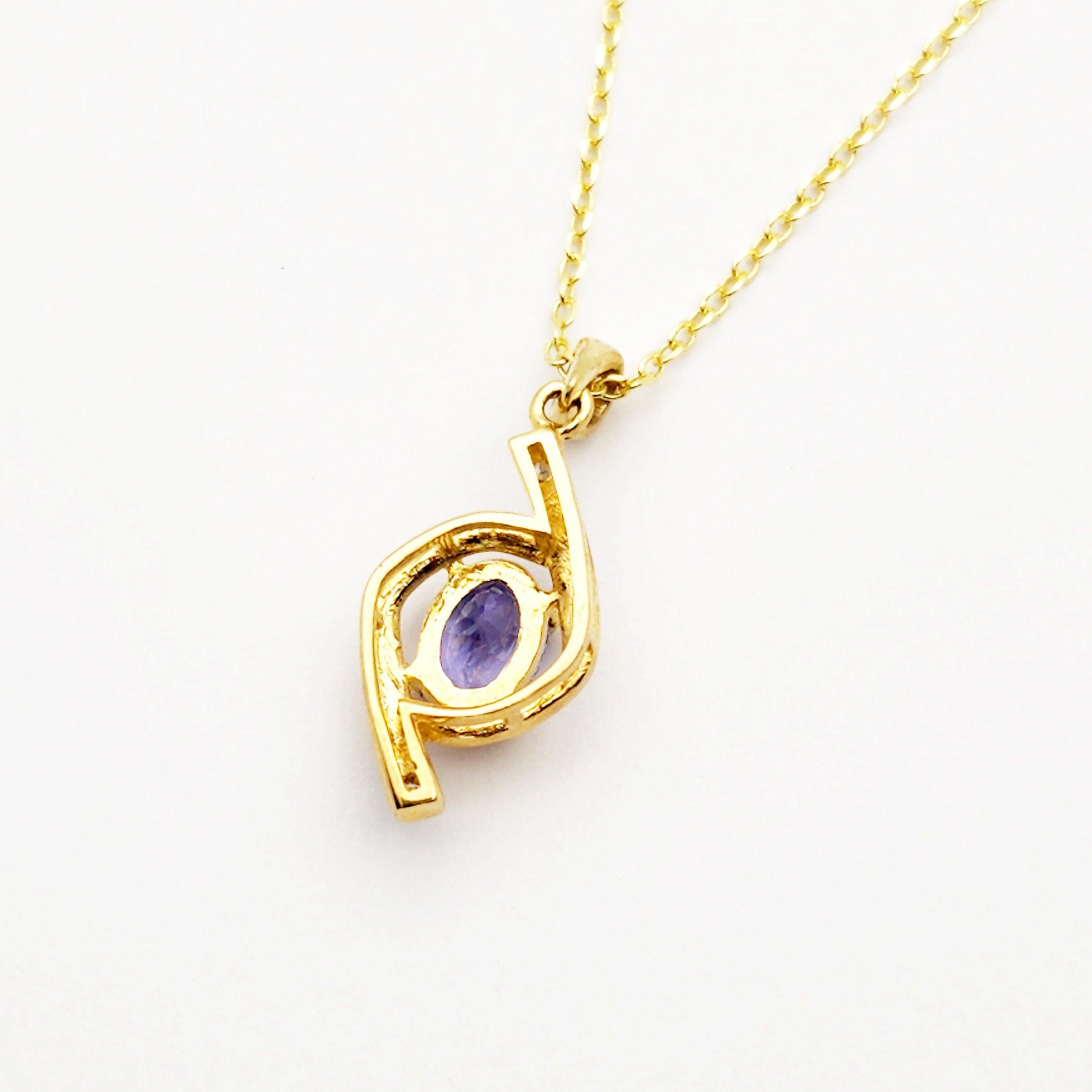 Gold Natural Tanzanite Pendant Necklace, 10K Yellow Gold Natural Tanzanite 7x5mm with Diamond Pendant, December Birthstone, Necklace For Her