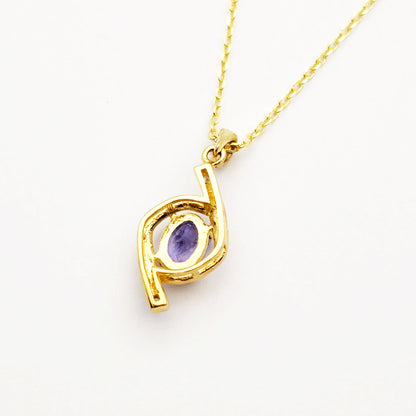 Gold Natural Tanzanite Pendant Necklace, 10K Yellow Gold Natural Tanzanite 7x5mm with Diamond Pendant, December Birthstone, Necklace For Her