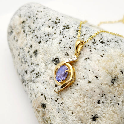 Gold Natural Tanzanite Pendant Necklace, 10K Yellow Gold Natural Tanzanite 7x5mm with Diamond Pendant, December Birthstone, Necklace For Her