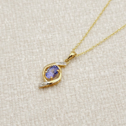 Gold Natural Tanzanite Pendant Necklace, 10K Yellow Gold Natural Tanzanite 7x5mm with Diamond Pendant, December Birthstone, Necklace For Her