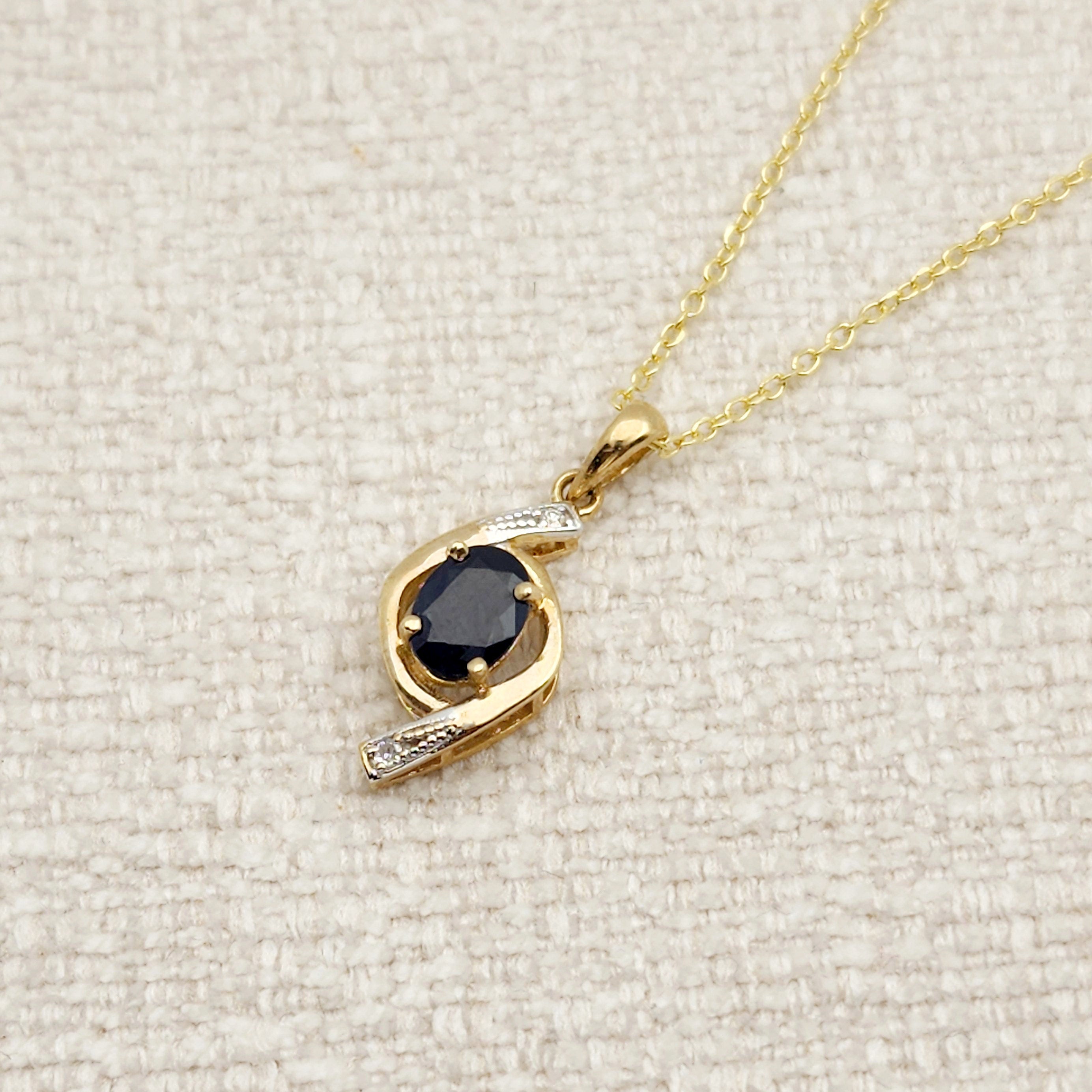 Gold Sapphire Pendant Necklace, 10K Yellow Gold Natural Blue Sapphire 7x5mm with Diamond Pendant, September Birthstone, Necklace For Her