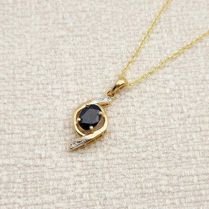Gold Sapphire Pendant Necklace, 10K Yellow Gold Natural Blue Sapphire 7x5mm with Diamond Pendant, September Birthstone, Necklace For Her