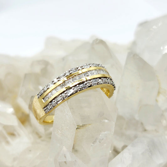 Gold Diamond Rings, 10K Yellow Gold Diamond 0.50ct Ring with Baguettes and Round Diamonds , Wedding Engagement Ring, Ring For Women