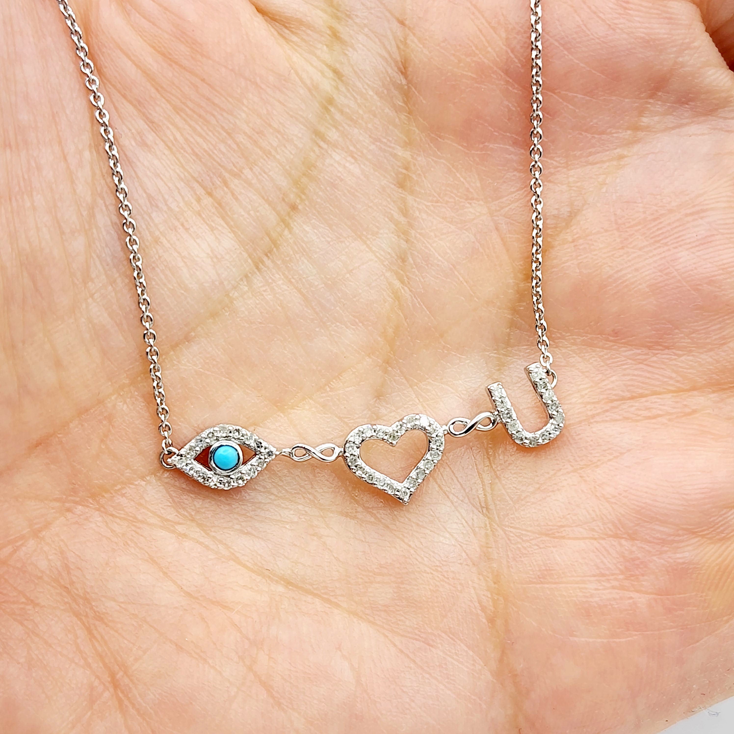 Diamond Necklace I LOVE YOU | 925 Sterling Silver Diamond 0.25ct Necklace | Necklace for Women, Eye Love You Necklace