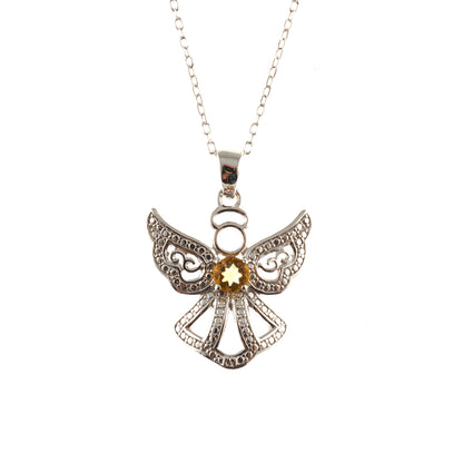 Gemstone Angel Pendant Necklace, Silver Genuine Gemstone Angel Pendant with Chain, Gemstone Necklace, Birthday Gift, Necklace For Women