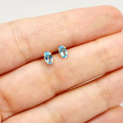 Gold Blue Topaz Stud Earrings, 10K Yellow Gold Genuine Blue Topaz 5x3mm Stud Earrings, December Birthstone, Blue Gemstone Jewelry For Her