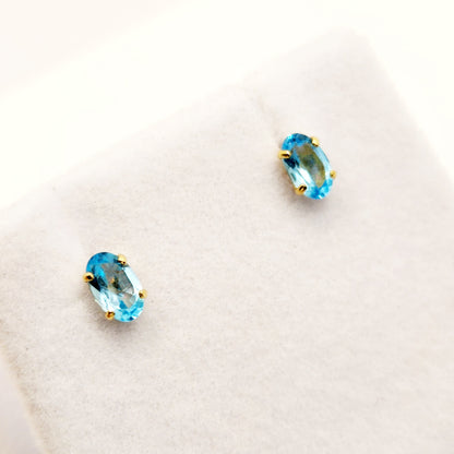 Gold Blue Topaz Stud Earrings, 10K Yellow Gold Genuine Blue Topaz 5x3mm Stud Earrings, December Birthstone, Blue Gemstone Jewelry For Her