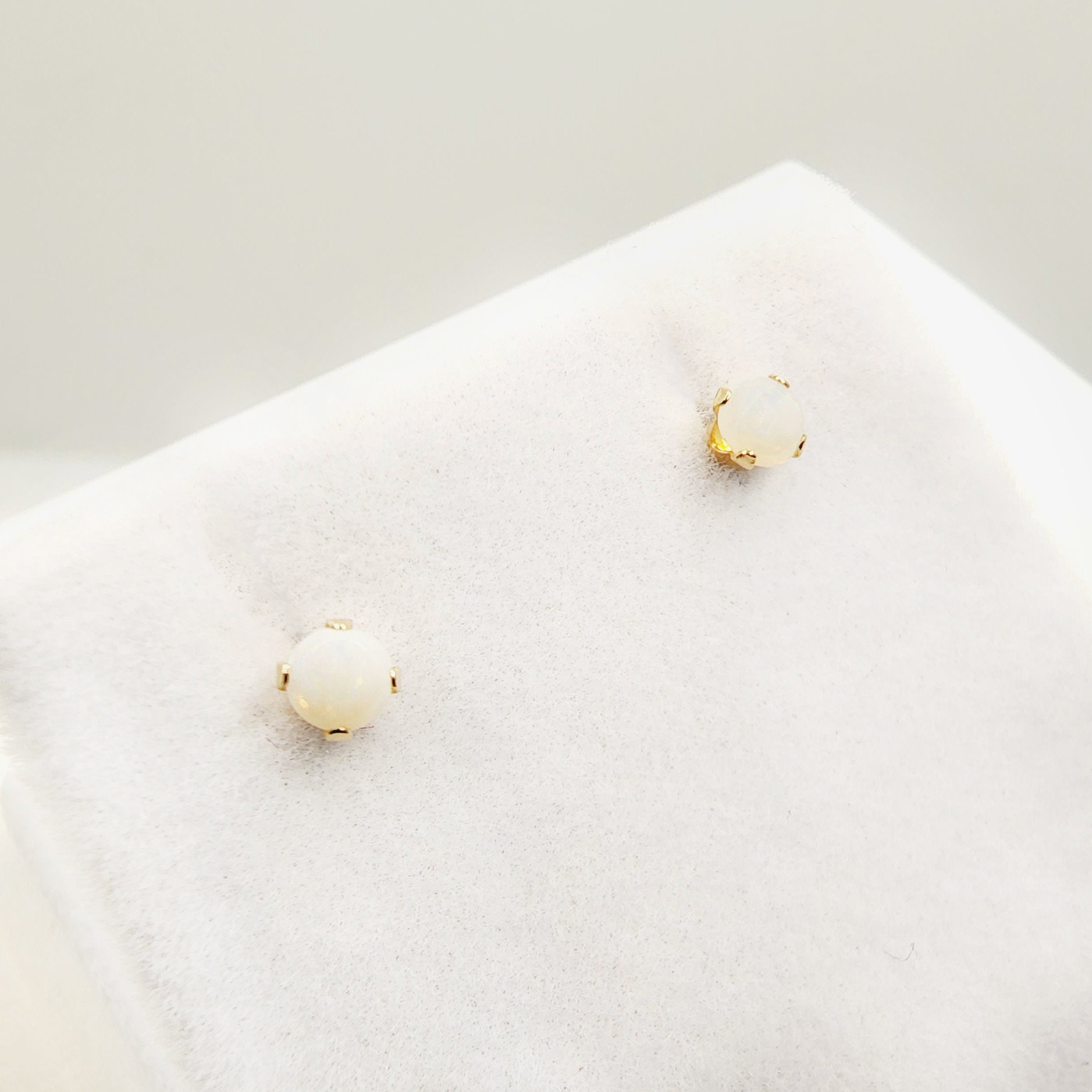 14K Gold Opal Stud Earrings, October Birthstone, Handmade 3x3mm