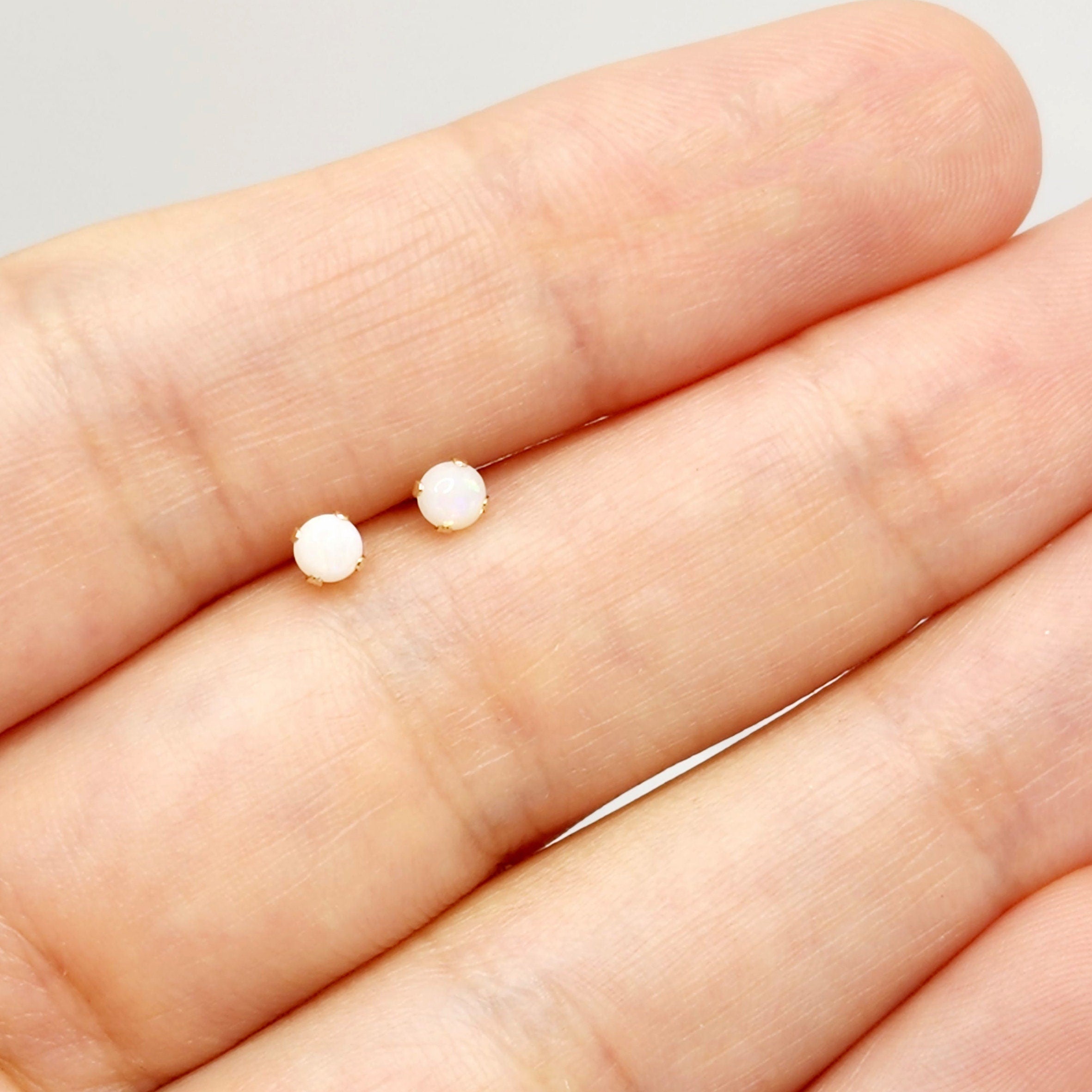 14K Gold Opal Stud Earrings, October Birthstone, Handmade 3x3mm