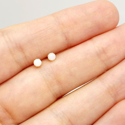 14K Gold Opal Stud Earrings, October Birthstone, Handmade 3x3mm