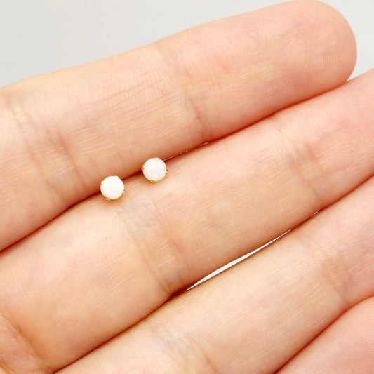 14K Gold Opal Stud Earrings, October Birthstone, Handmade 3x3mm