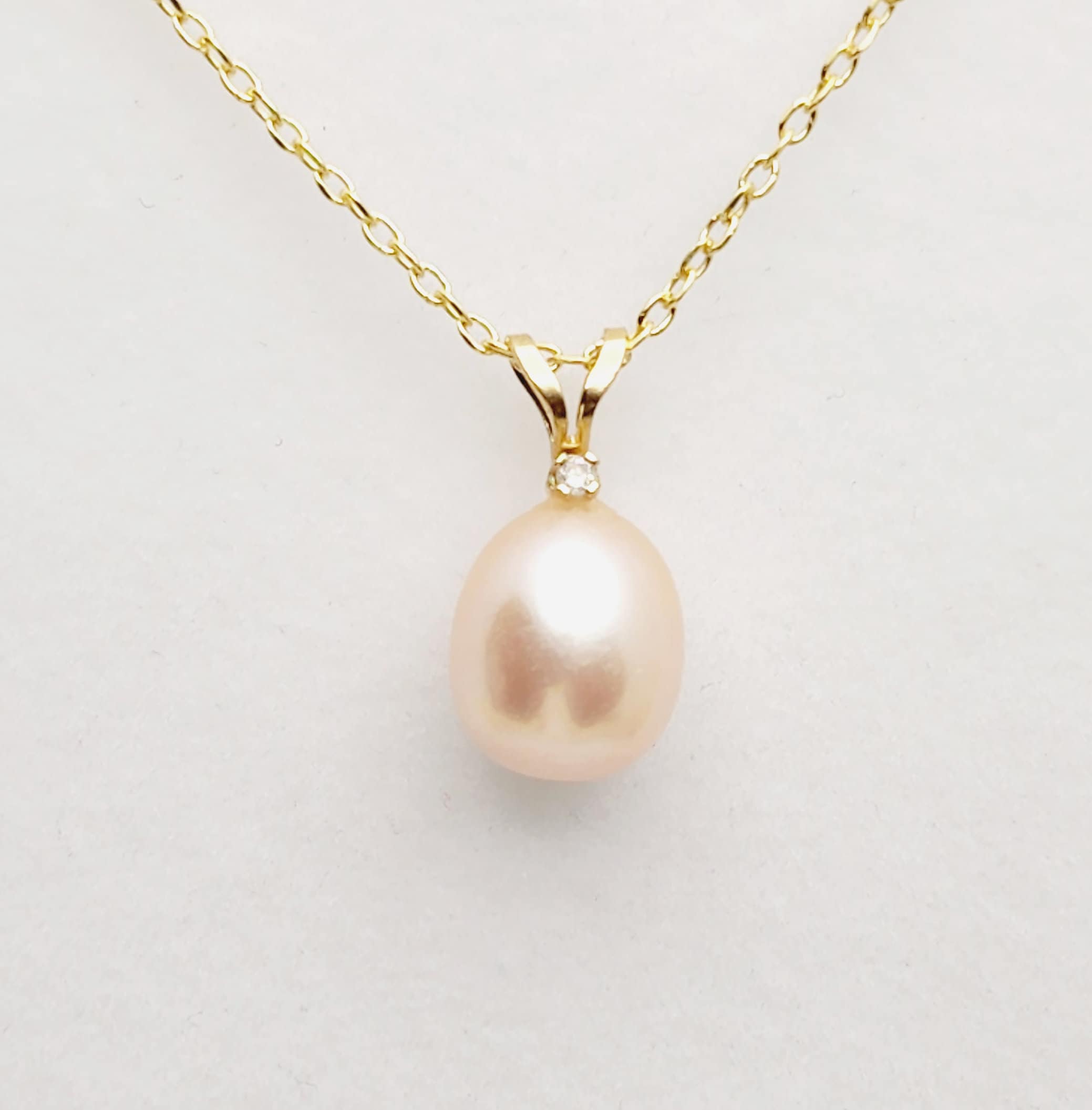 Natural Pearl Pendant Necklace, 14K Yellow Gold Pink Freshwater Pearl 9x8mm with Diamond Pendant, June Birthstone, Genuine Pearl Pendant