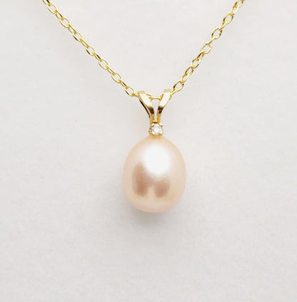 Natural Pearl Pendant Necklace, 14K Yellow Gold Pink Freshwater Pearl 9x8mm with Diamond Pendant, June Birthstone, Genuine Pearl Pendant