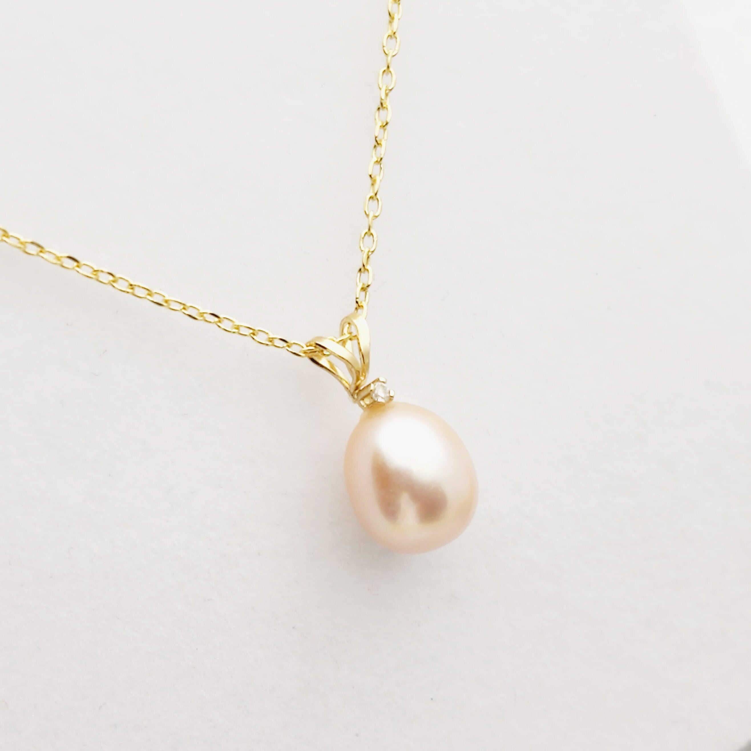 Natural Pearl Pendant Necklace, 14K Yellow Gold Pink Freshwater Pearl 9x8mm with Diamond Pendant, June Birthstone, Genuine Pearl Pendant