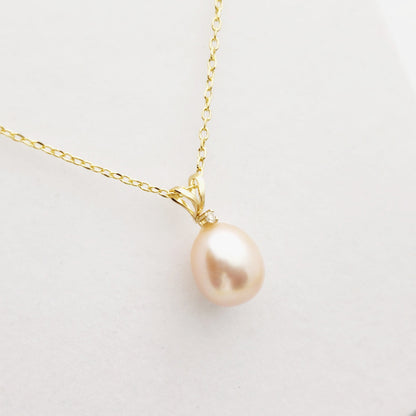 Natural Pearl Pendant Necklace, 14K Yellow Gold Pink Freshwater Pearl 9x8mm with Diamond Pendant, June Birthstone, Genuine Pearl Pendant
