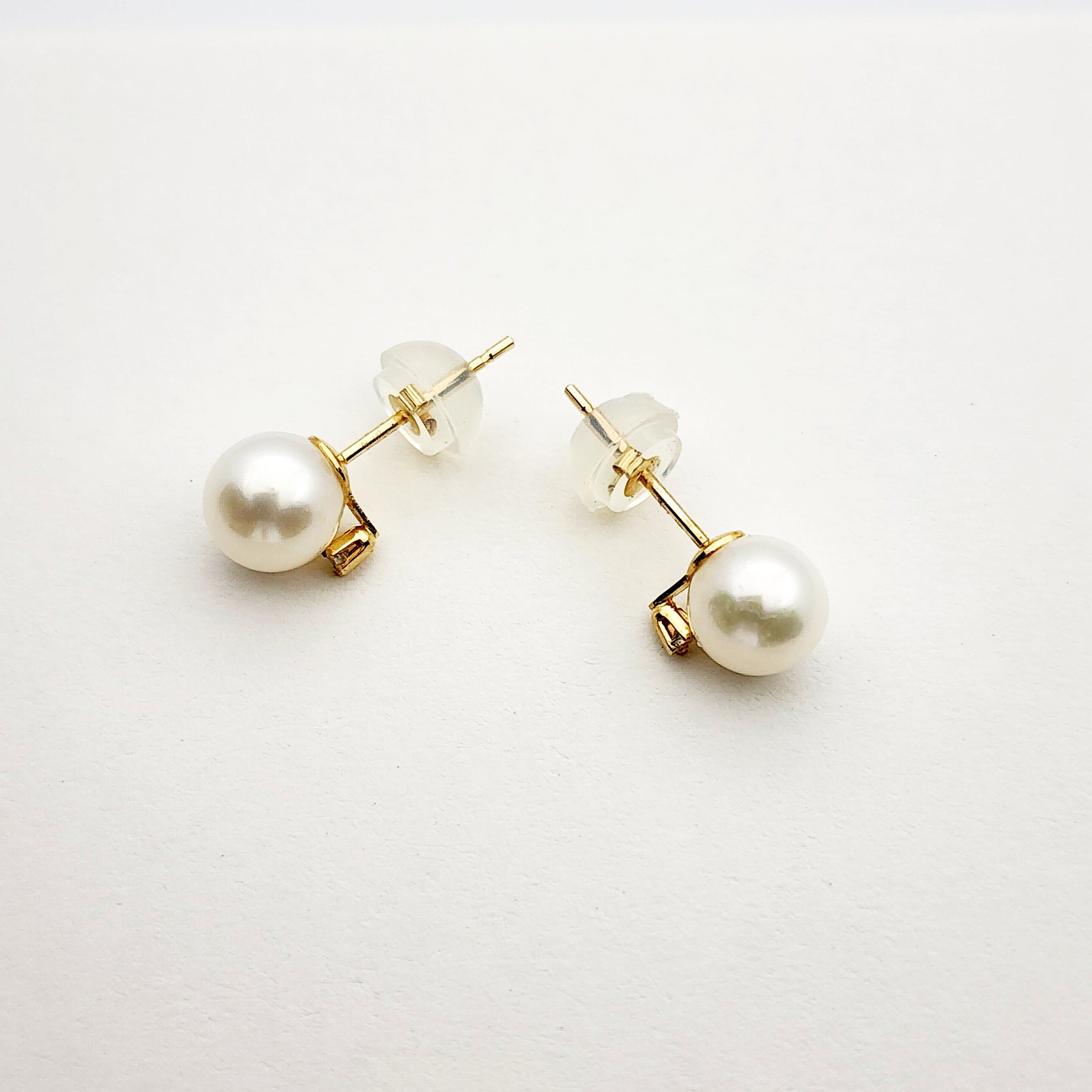 14K Yellow Gold Cultured Pearl Diamond Stud Earrings, Handmade, Bridesmaid Gift