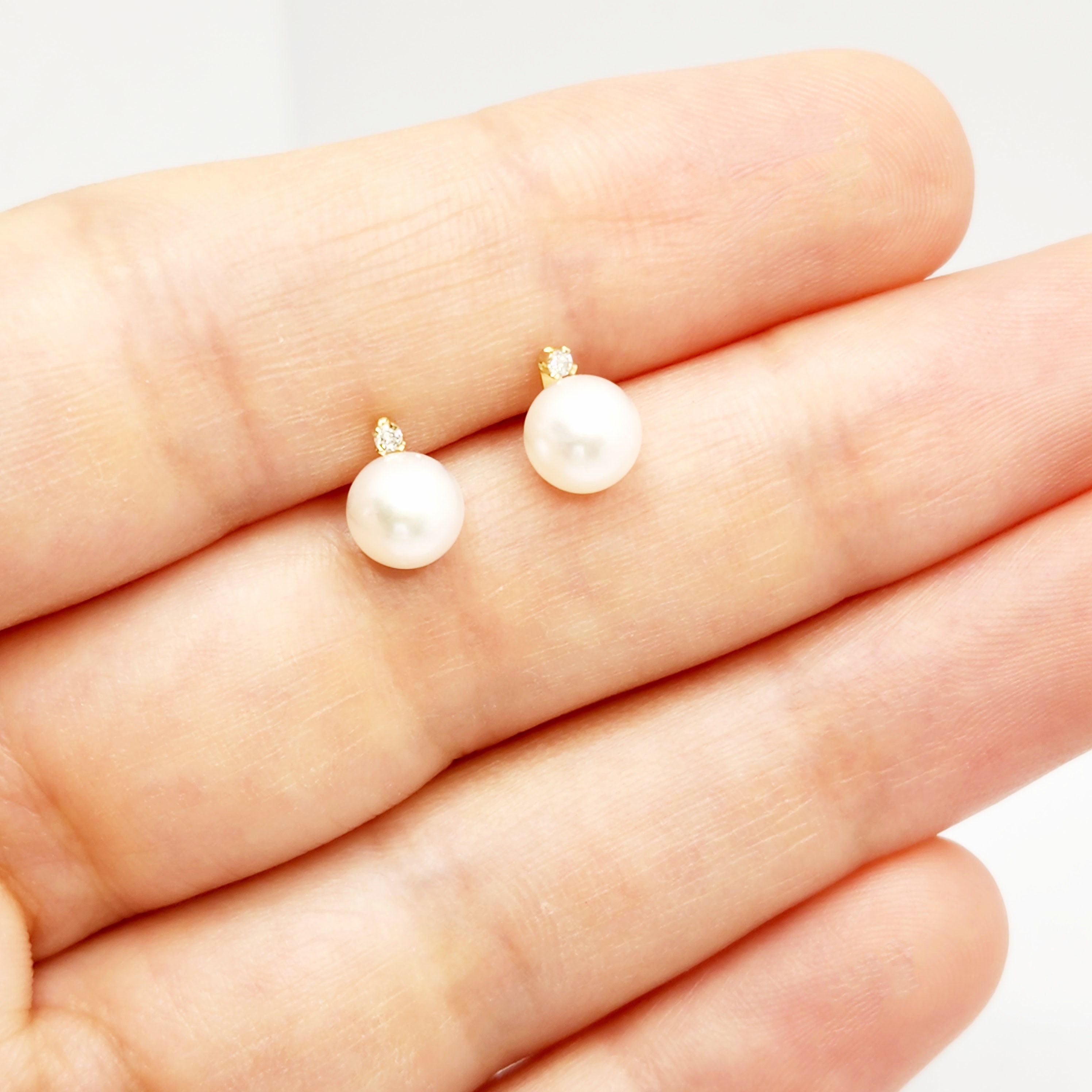 Gold Pearl Stud Earrings, 14K Yellow Gold Cultured Pearl 6mm with Diamond Earrings, June Birthstone, Handmade Earrings, Earrings  For Wedding