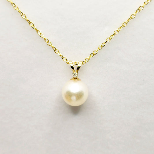 14K Gold Pearl Pendant Necklace, June Birthstone Cultured Pearl 6mm and Diamond Pendant, Dainty Minimalist Classic Necklace Gift for Her
