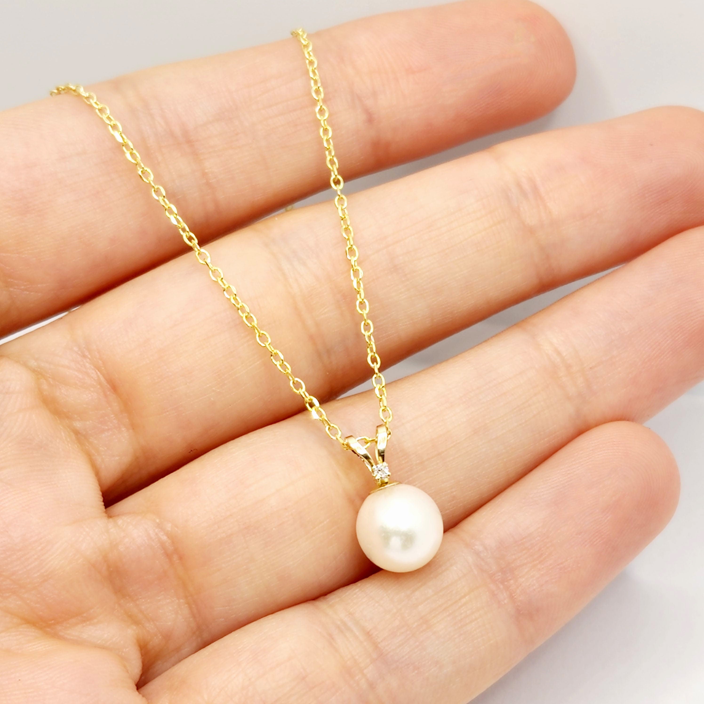 14K Gold Pearl Pendant Necklace, June Birthstone Cultured Pearl 6mm and Diamond Pendant, Dainty Minimalist Classic Necklace Gift for Her