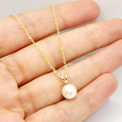 14K Gold Pearl Pendant Necklace, June Birthstone Cultured Pearl 6mm and Diamond Pendant, Dainty Minimalist Classic Necklace Gift for Her