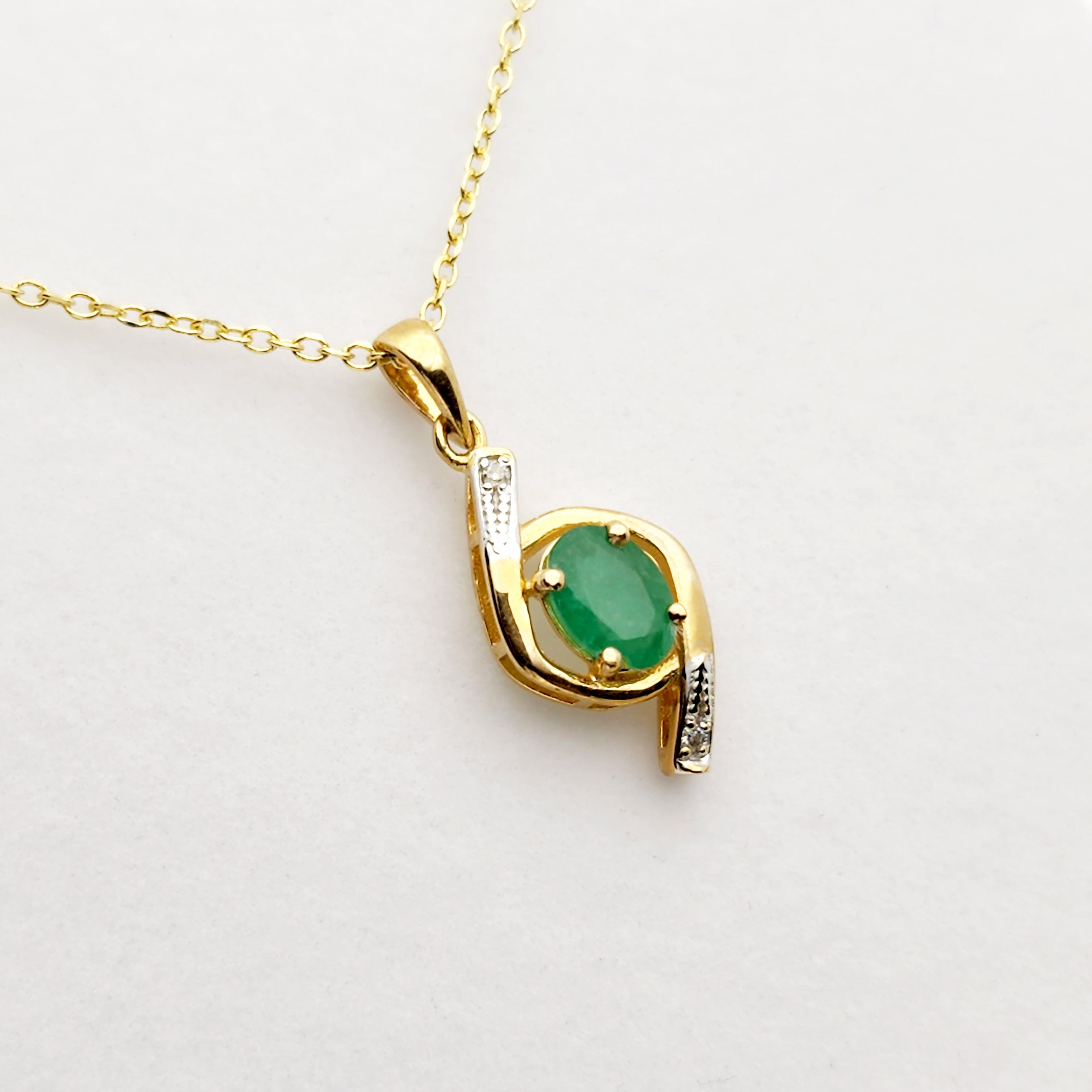 Gold Emerald Pendant Necklace, 10K Yellow Gold Natural Emerald 7x5mm with Diamond Pendant, May Birthstone, Emerald Jewelry, Necklace For Her