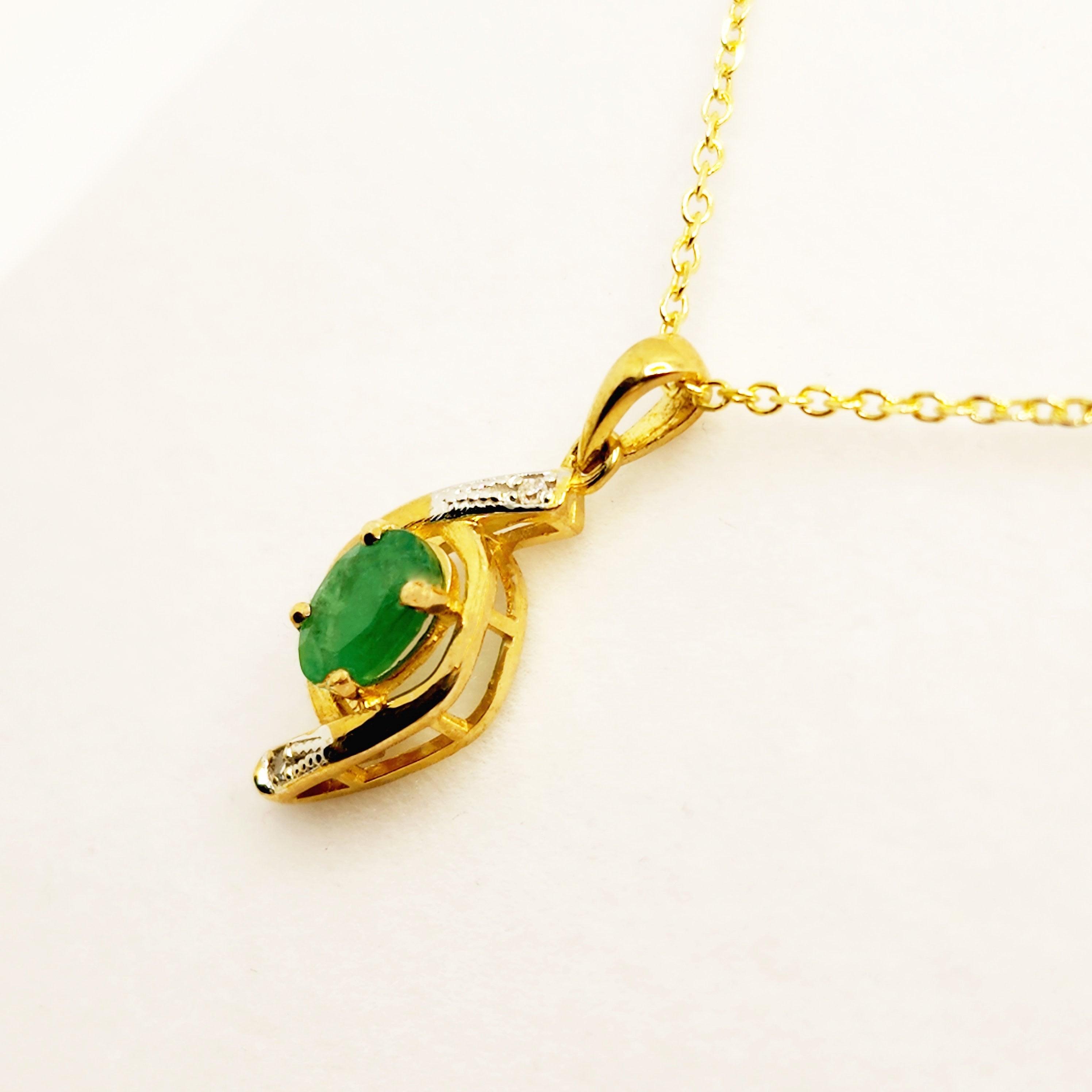 Gold Emerald Pendant Necklace, 10K Yellow Gold Natural Emerald 7x5mm with Diamond Pendant, May Birthstone, Emerald Jewelry, Necklace For Her