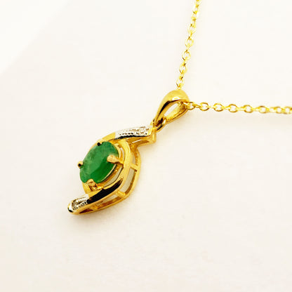 Gold Emerald Pendant Necklace, 10K Yellow Gold Natural Emerald 7x5mm with Diamond Pendant, May Birthstone, Emerald Jewelry, Necklace For Her